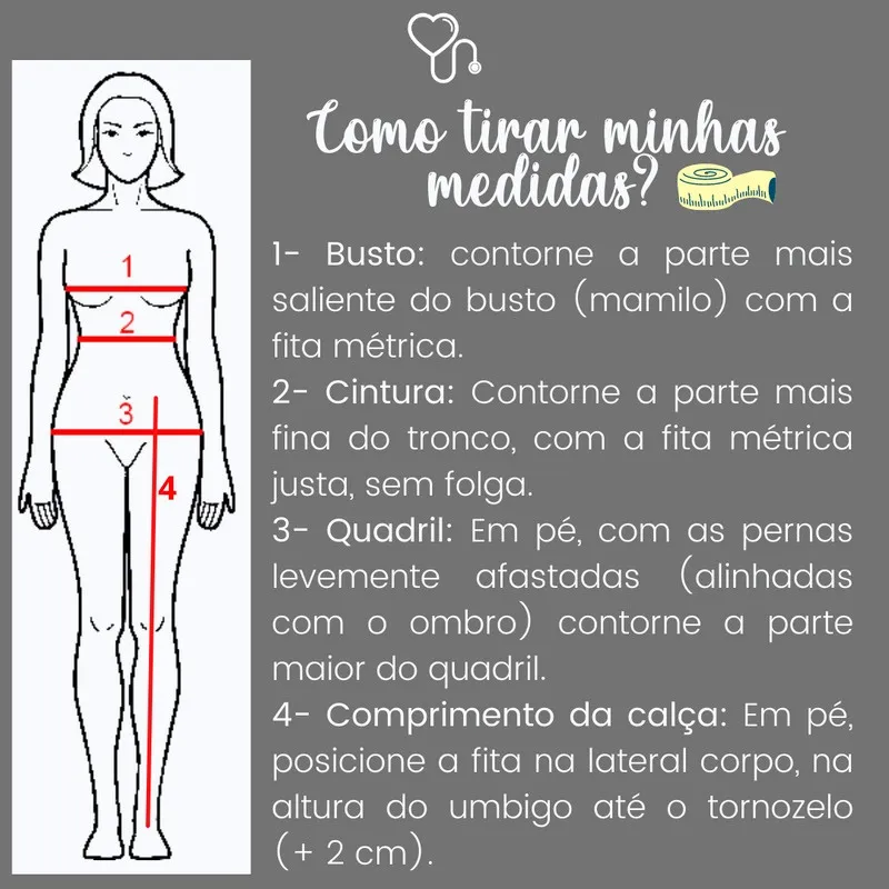 Ilustração de como medir busto, cintura, quadril e comprimento da calça